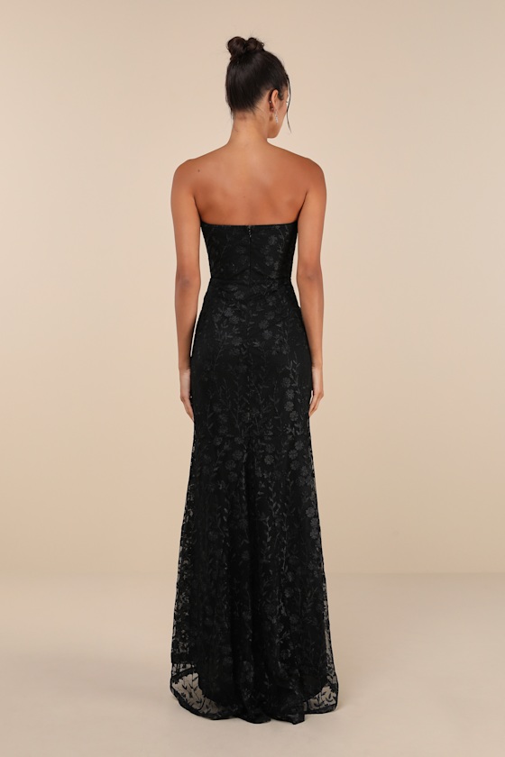Lulus Romantic Beauty Black Floral Embroidered Strapless Maxi Dress In Black
