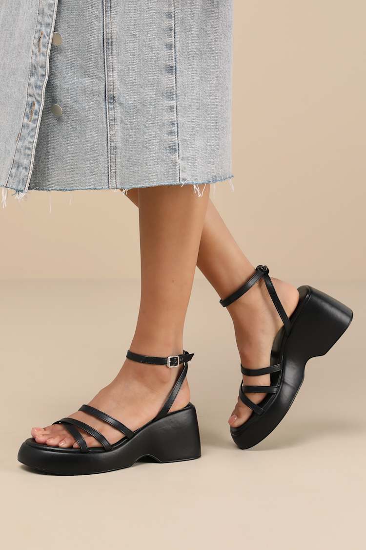 Prescott Black Strappy Platform Ankle Strap Sandals