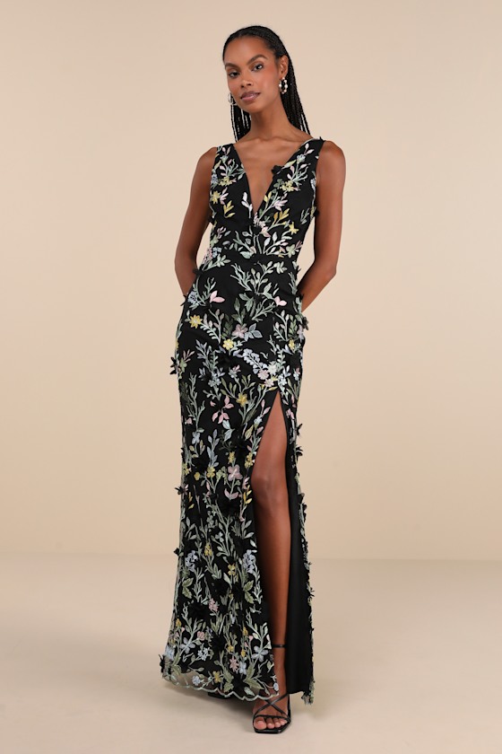 Lulus Elegant Composure Black Floral Embroidered Lace-up Maxi Dress In Black