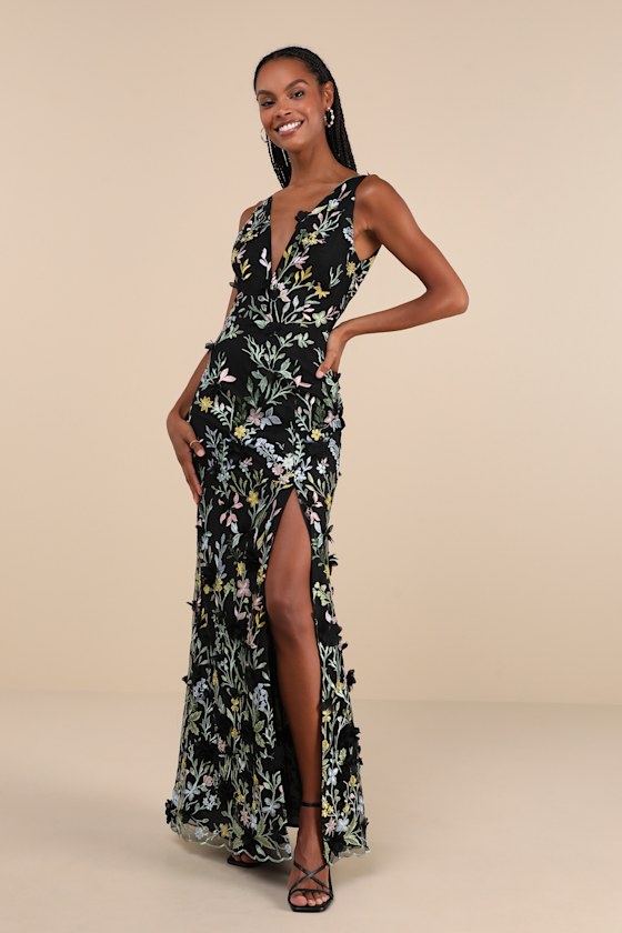 Lulus Elegant Composure Black Floral Embroidered Lace-up Maxi Dress In Black