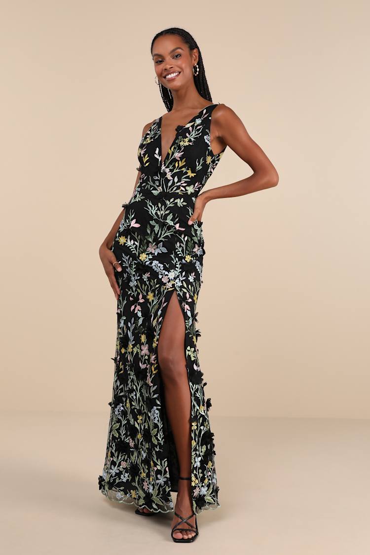 Elegant Composure Black Floral Embroidered Lace-Up Maxi Dress