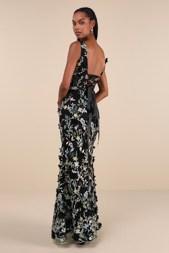 Lulus Elegant Composure Black Floral Embroidered Lace-up Maxi Dress In Black