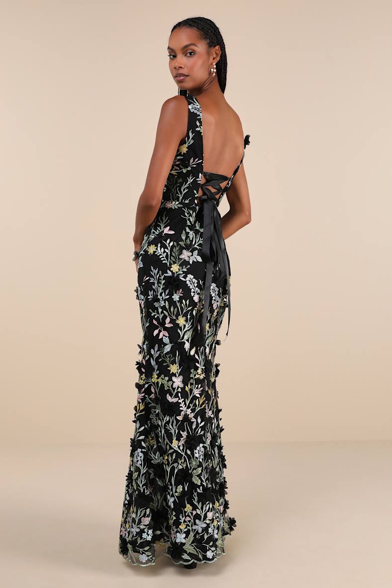 Elegant Composure Black Floral Embroidered Lace-Up Maxi Dress