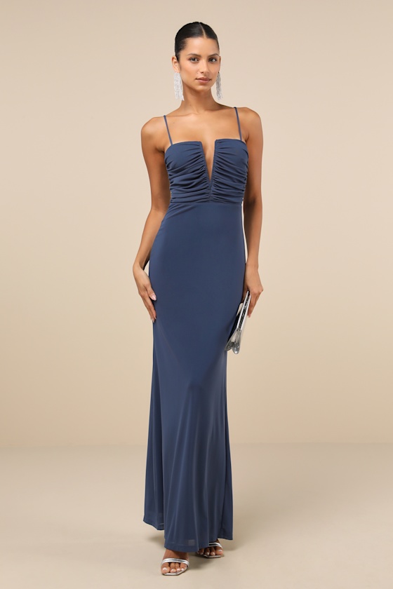 Lulus Undeniable Elegance Dark Slate Blue Mesh Ruched Maxi Dress In Slate Blue