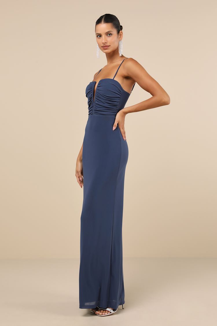 Undeniable Elegance Dark Slate Blue Mesh Ruched Maxi Dress