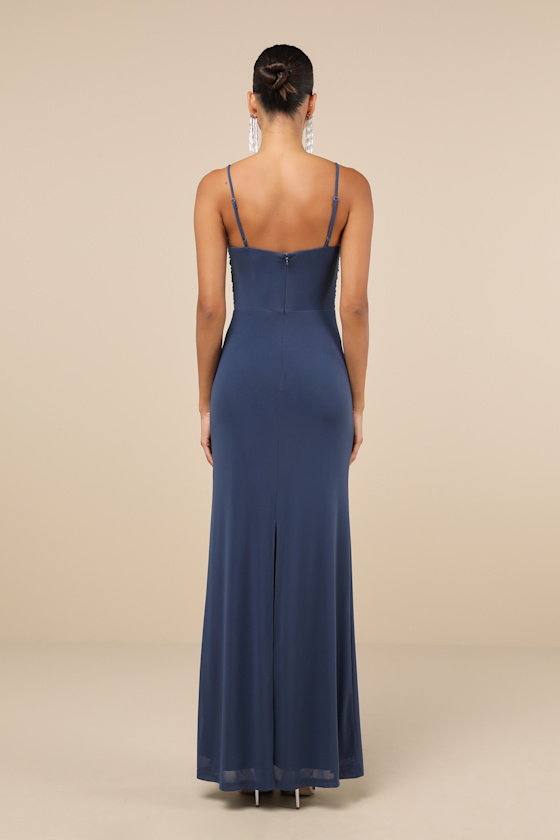Lulus Undeniable Elegance Dark Slate Blue Mesh Ruched Maxi Dress In Slate Blue