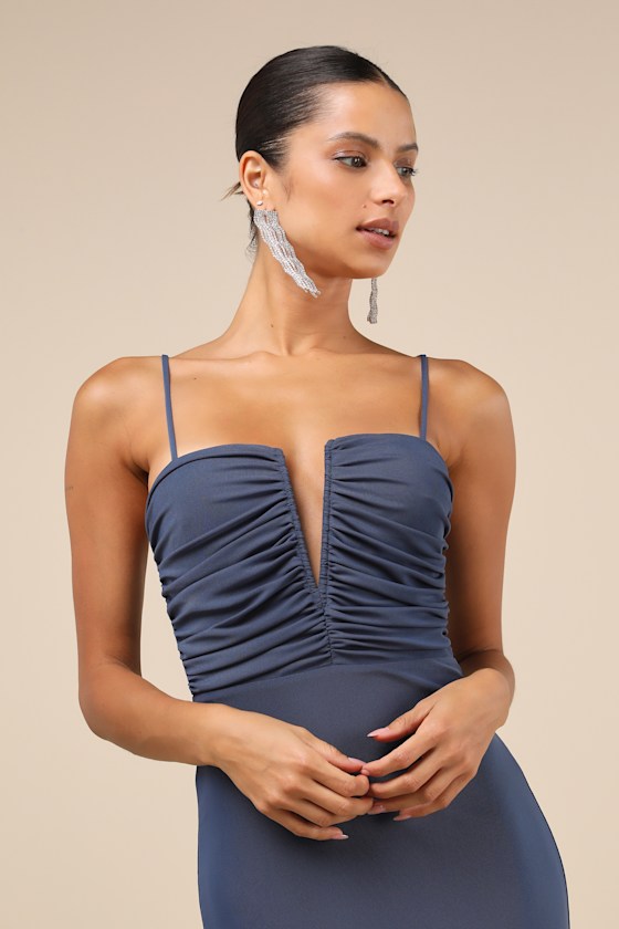 Lulus Undeniable Elegance Dark Slate Blue Mesh Ruched Maxi Dress In Slate Blue