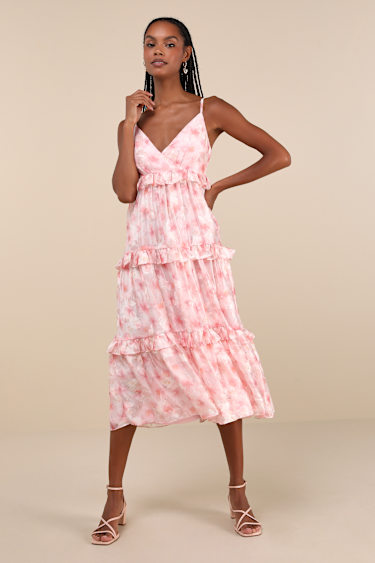 Pink Floral Sleeveless Dress Tiered Midi Dress Ruffled Dress