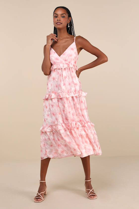 Radiantly Adorable Pink Floral Sleeveless Tiered Midi Dress 1