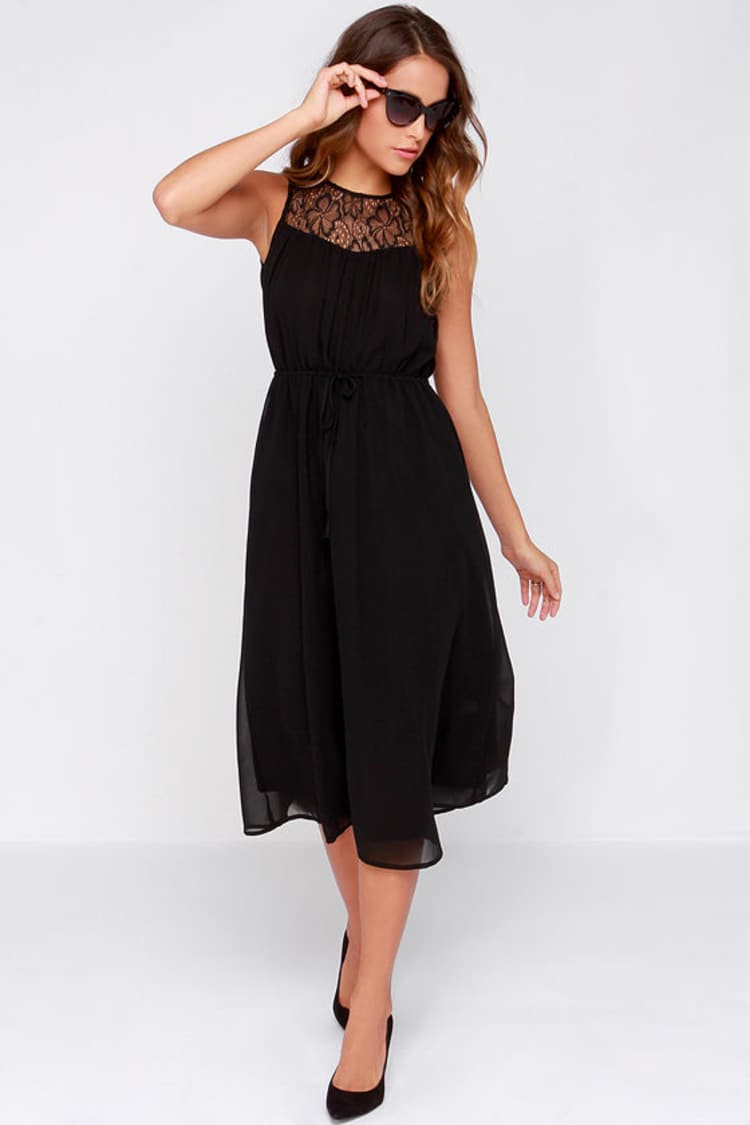 Cute Black Dress - Lace Dress - Midi Dress - $68.00