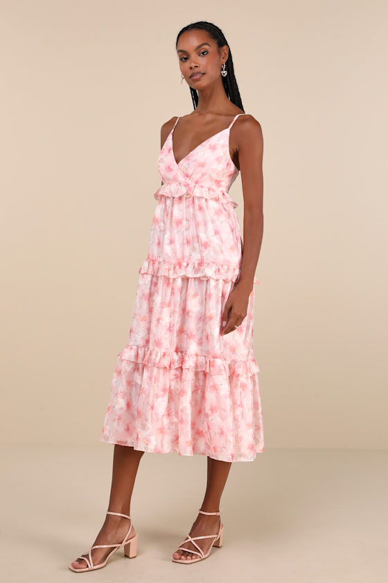 Pink Floral Sleeveless Dress - Tiered Midi Dress - Ruffled