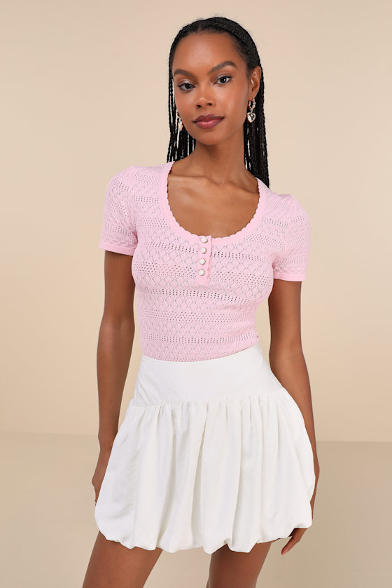 Cutest Example Light Pink Pointelle Knit Short Sleeve Henley Top 2