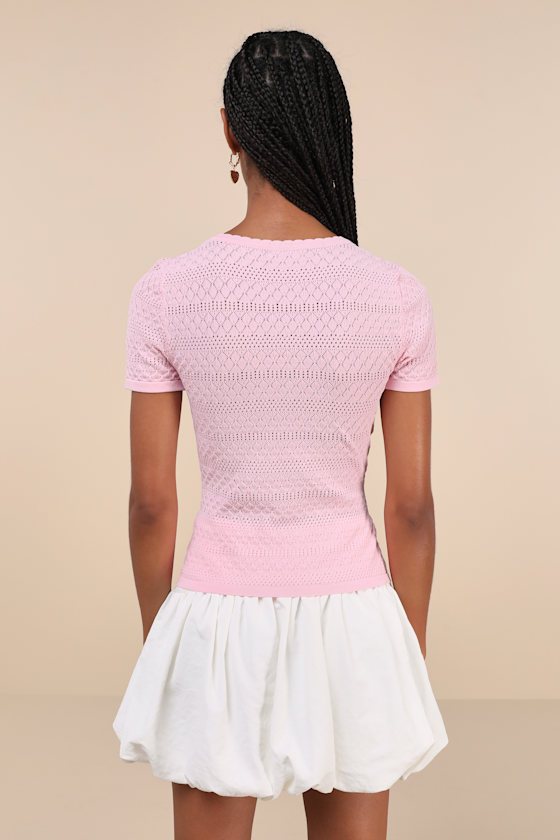 Cutest Example Light Pink Pointelle Knit Short Sleeve Henley Top