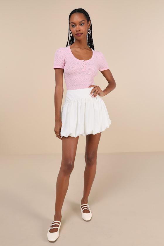 Lulus Cutest Example Light Pink Pointelle Knit Short Sleeve Henley Top In Light Pink