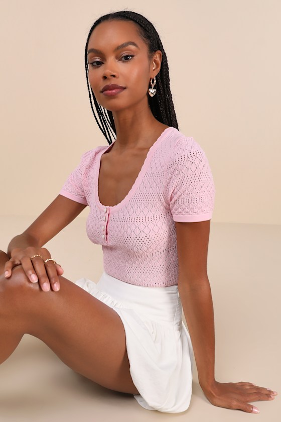 Lulus Cutest Example Light Pink Pointelle Knit Short Sleeve Henley Top In Light Pink