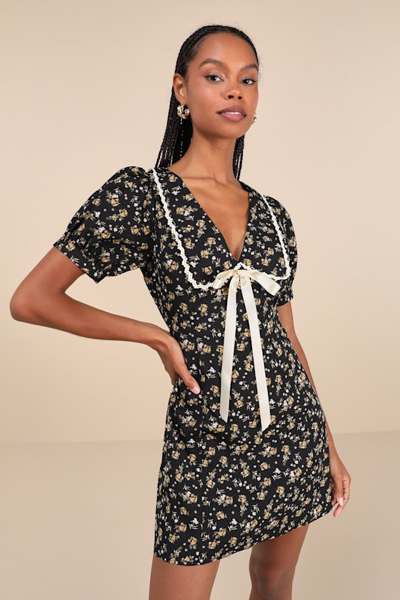Coquette Passion Black Floral Collared Bow Mini Dress 2