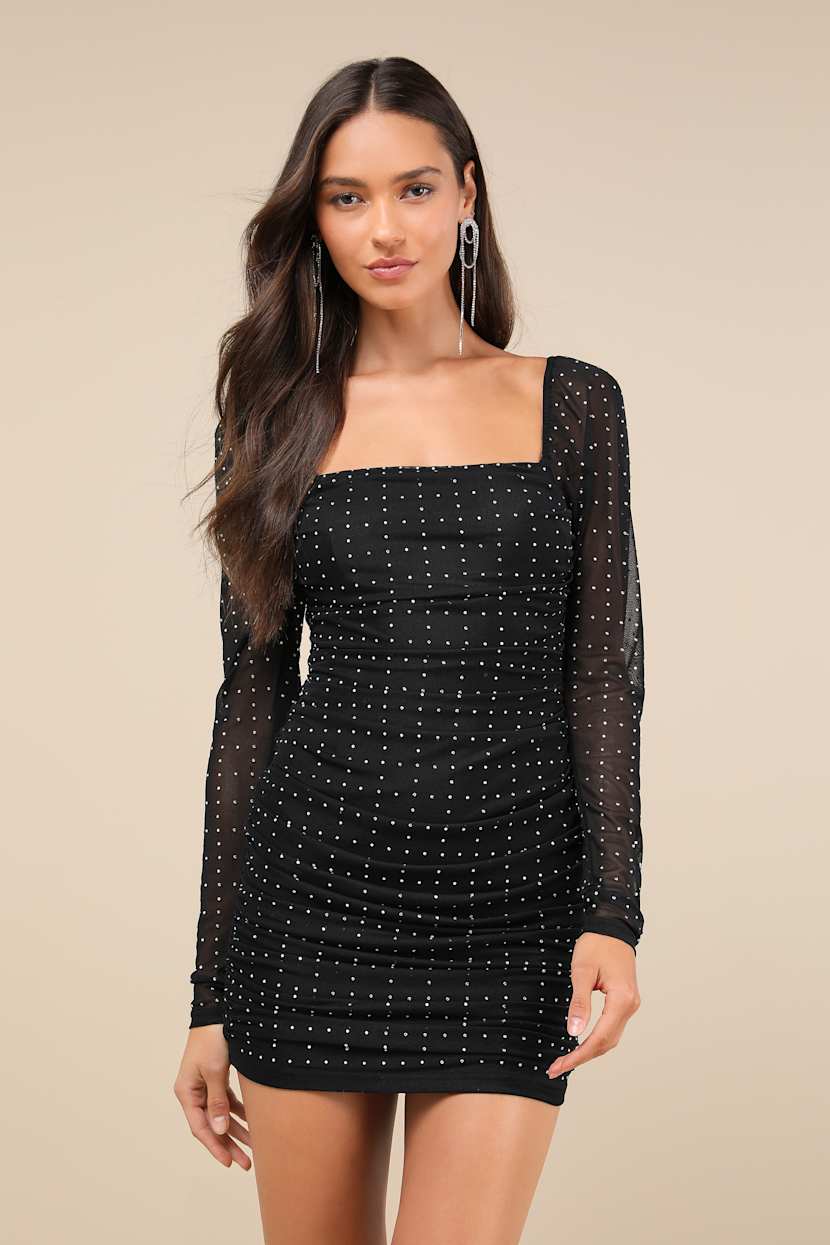 Black Rhinestone Dress - Long Sleeve Dress - Ruched Mesh Dress - Lulus