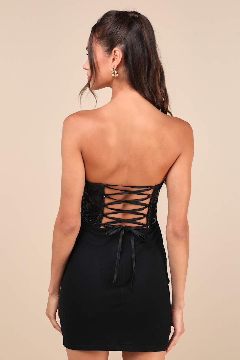 Black Mesh Dress - Strapless Bustier Dress - Sequin Mini Dress - Lulus