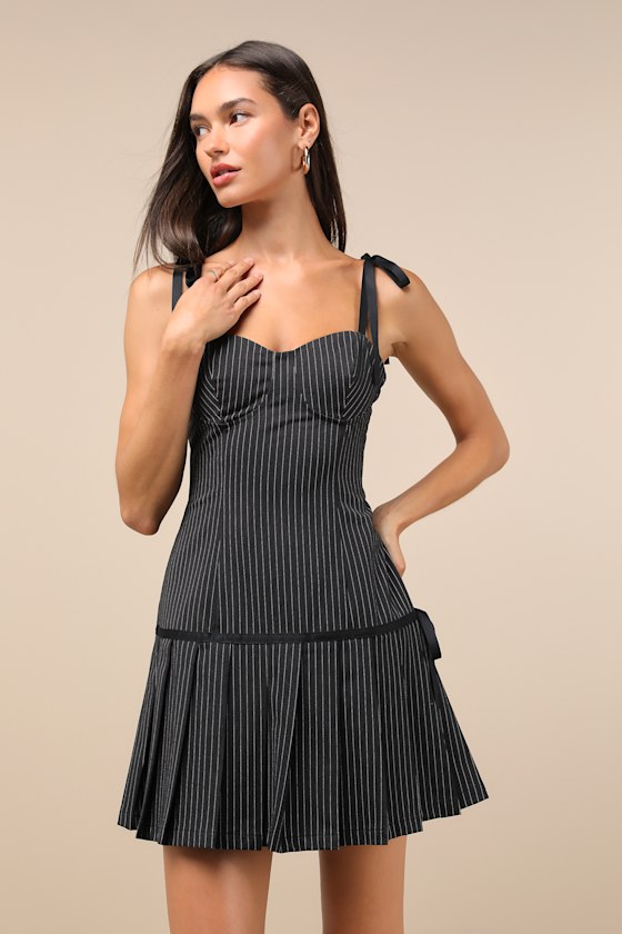 Posh Flirtation Black Pinstriped Tie-Strap Drop-Waist Mini Dress 5