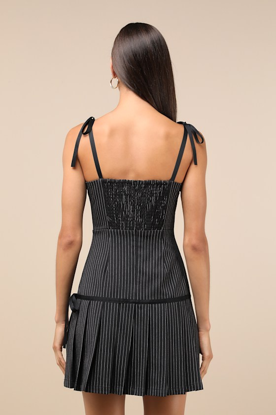 Posh Flirtation Black Pinstriped Tie-Strap Drop-Waist Mini Dress 2