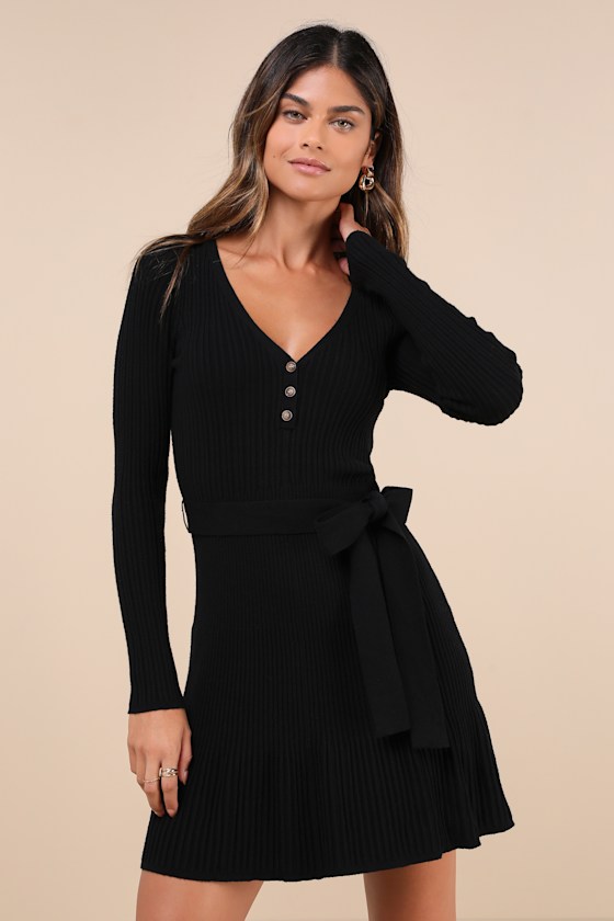 Cozy Poise Black Henley Long Sleeve Mini Sweater Dress 2