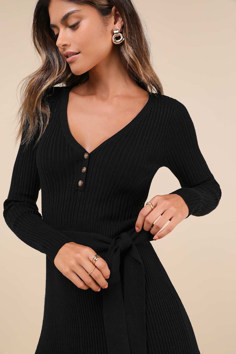 Cozy Poise Black Henley Long Sleeve Mini Sweater Dress