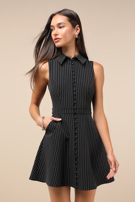 Lulus Totally Poised Black Pinstriped Collared Mini Dress With Pockets In Black