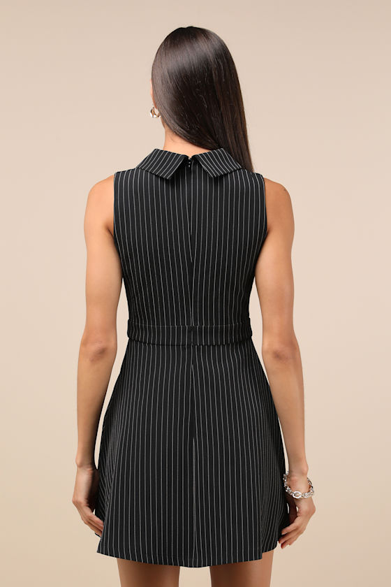 Lulus Totally Poised Black Pinstriped Collared Mini Dress With Pockets In Black