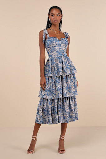 Lovely Bliss Blue Floral Jacquard Strapless Bustier Midi Dress 4