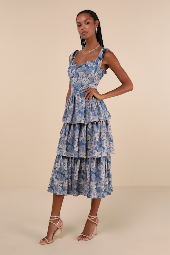 Lovely Bliss Blue Floral Jacquard Strapless Bustier Midi Dress 1
