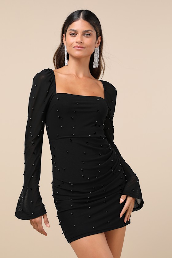 Flirty Luxury Black Mesh Pearl Long Sleeve Mini Dress 4