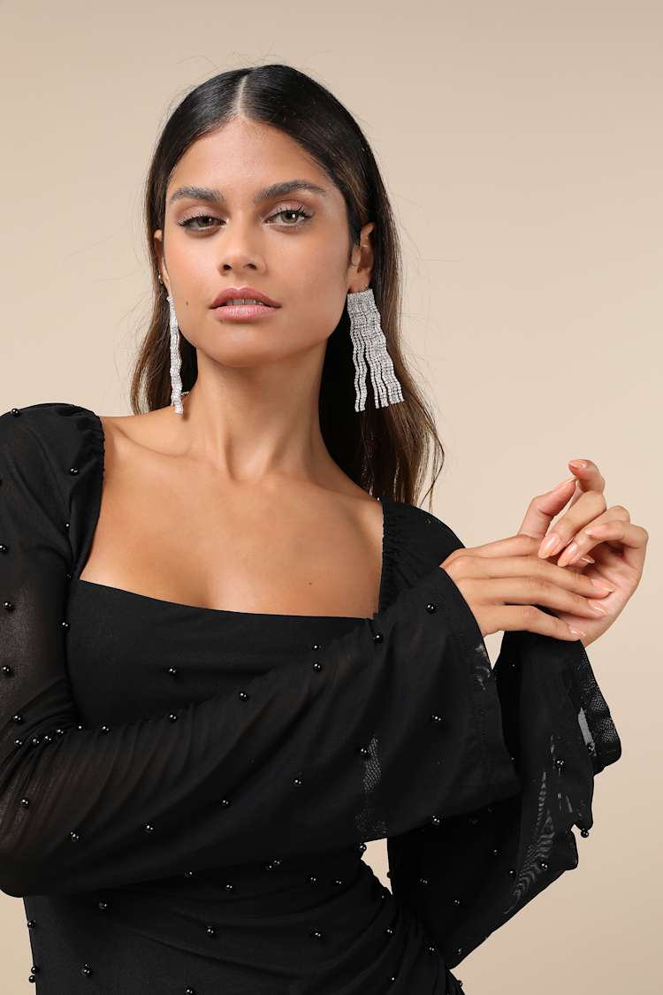 Black Mesh Mini Dress - Long Sleeve Dress - Pearl Mini Dress - Lulus
