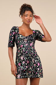 Decidedly Glam Black Floral Brocade Puff Sleeve Mini Dress 2