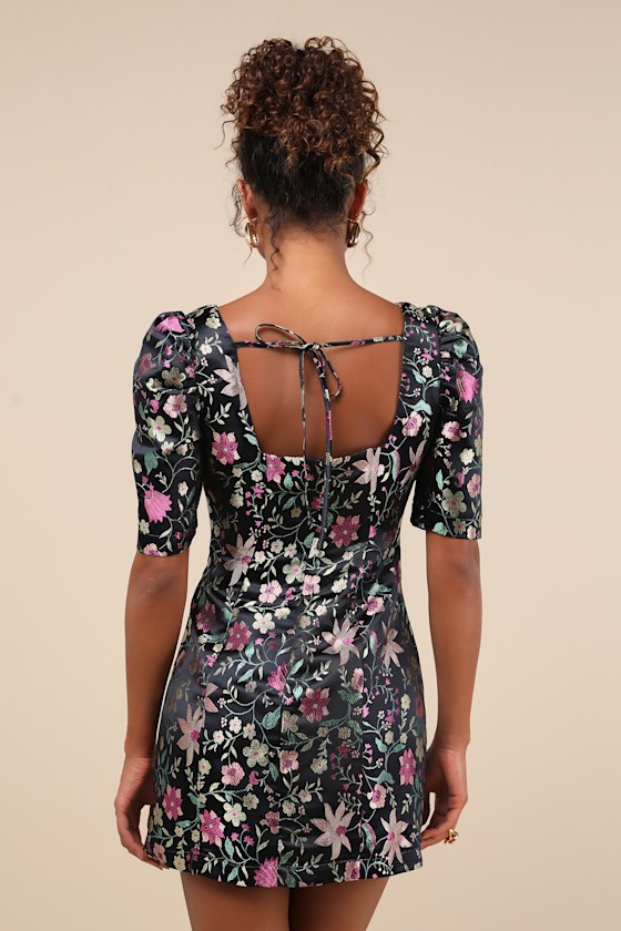Black Floral Brocade Dress - Puff Sleeve Mini Dress - Chic