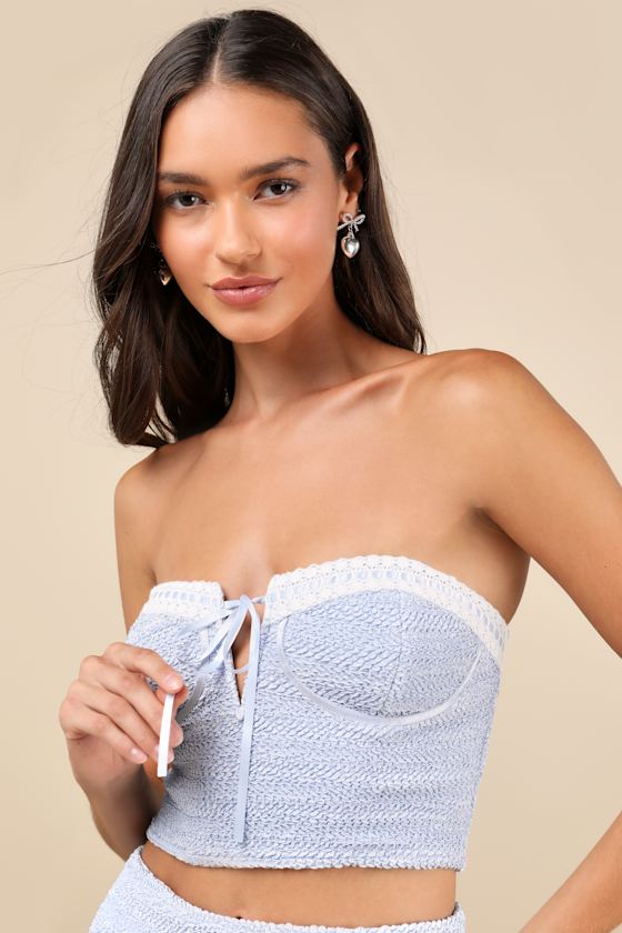 Trendsetting Flirt Light Blue Crinkled Bow Strapless Bustier Top 2