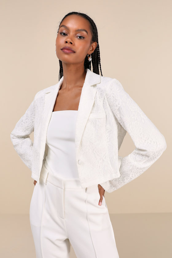 Lulus Elegant Pursuit Ivory Lace Collared Cropped Blazer In Ivory