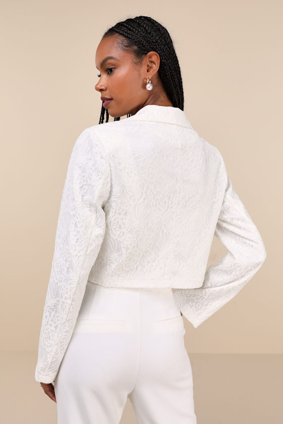 Lulus Elegant Pursuit Ivory Lace Collared Cropped Blazer In Ivory