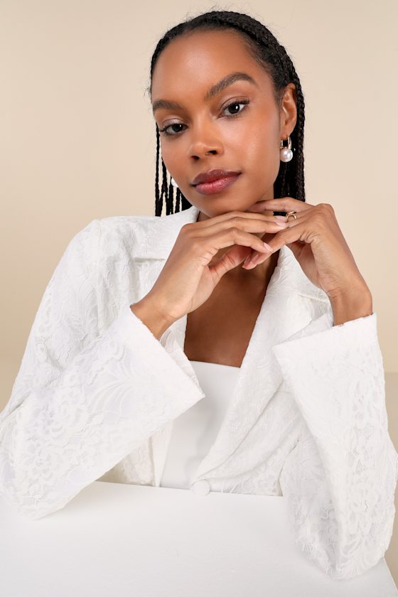 Lulus Elegant Pursuit Ivory Lace Collared Cropped Blazer In Ivory