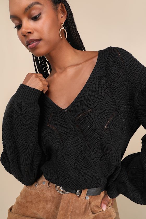 Cute Lifestyle Black Pointelle Knit V-Neck Sweater Top 5