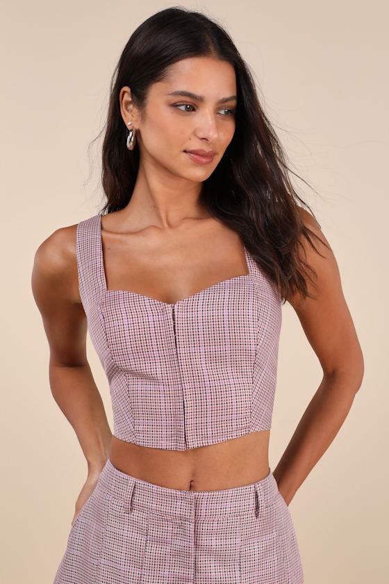 Lulus Cute Perception Pink Plaid Cropped Bustier Tank Top In Pink