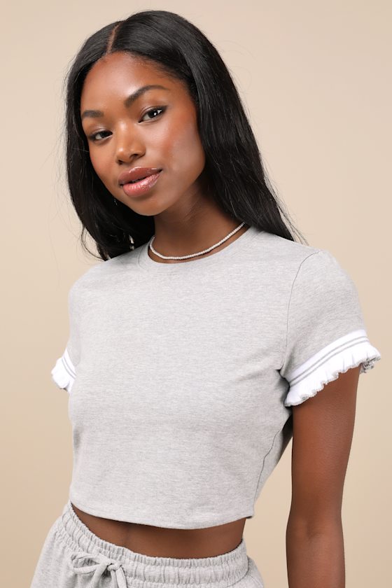Lulus Sweet Score Heather Grey Ruffled Short Sleeve Crop Top In Heather Grey