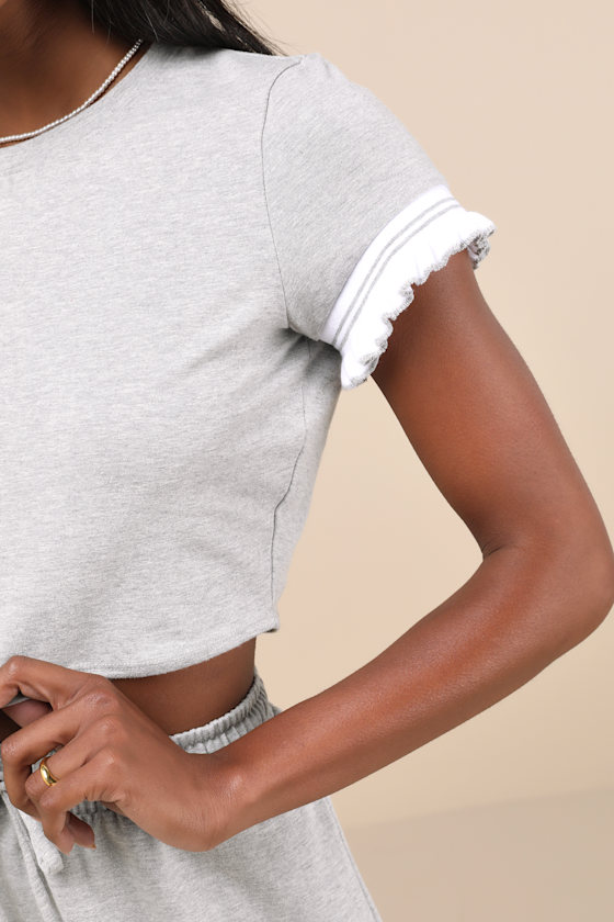 Lulus Sweet Score Heather Grey Ruffled Short Sleeve Crop Top In Heather Grey