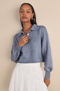 Comfy Ideal Heather Blue Collared Cropped Pullover Sweater 2