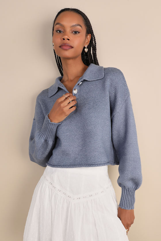 Comfy Ideal Heather Blue Collared Cropped Pullover Sweater 2