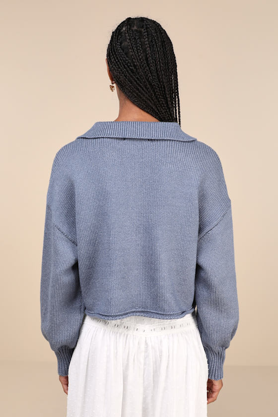 Lulus Comfy Ideal Heather Blue Collared Cropped Pullover Sweater In Blue