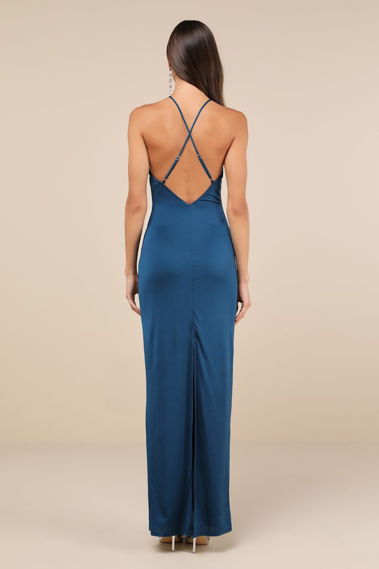 Momentous Glamour Dark Teal Cross-Front Backless Maxi Dress