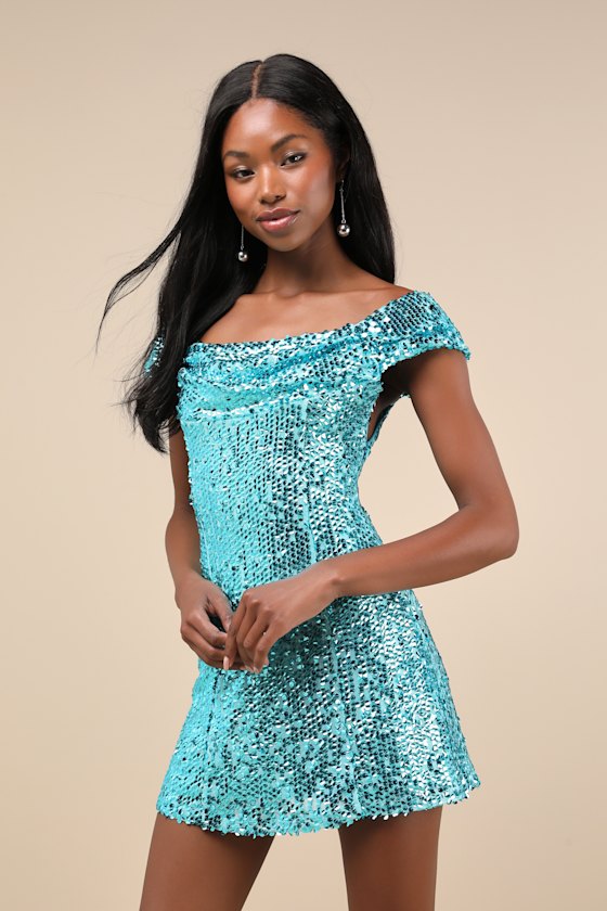 Glittering Nights Aqua Blue Sequin Off-the-Shoulder Mini Dress 3