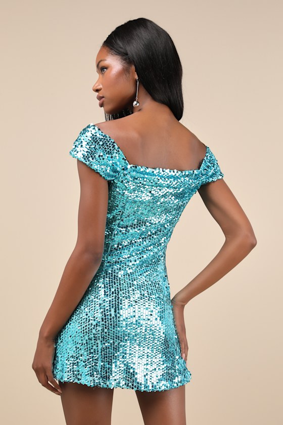 Lulus Glittering Nights Aqua Blue Sequin Off-the-shoulder Mini Dress In Blue