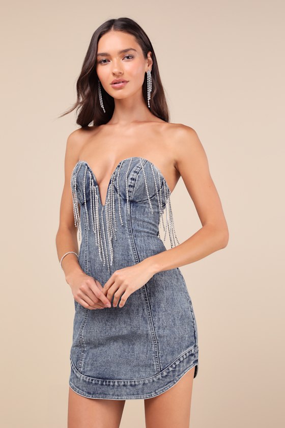 Dazzling Vibes Medium Wash Rhinestone Strapless Denim Mini Dress 1