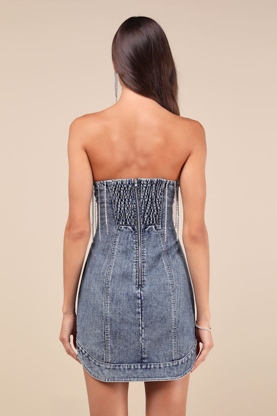 Dazzling Vibes Medium Wash Rhinestone Strapless Denim Mini Dress 2